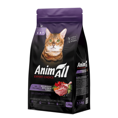Сухий корм AnimAll для дорослих котів, зі свіжою індичкою та качкою, 1.5 кг