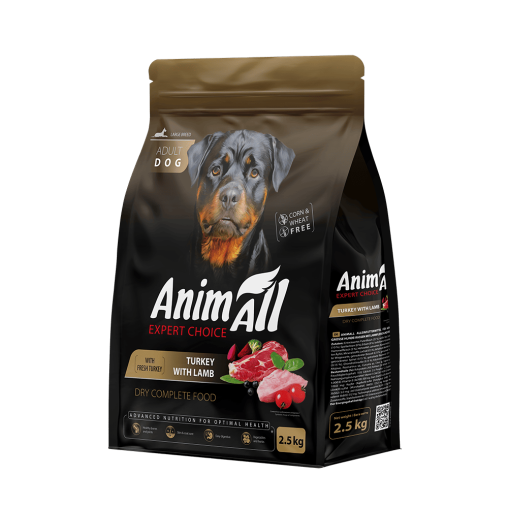 Сухий корм AnimAll для дорослих собак великих порід, зі свіжою індичкою та ягням, 2.5 кг