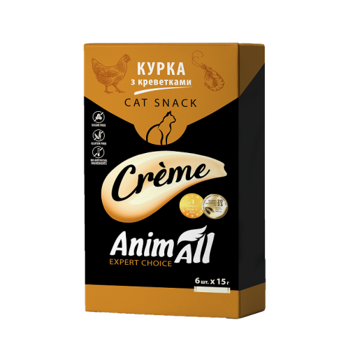 Ласощі AnimAll Сrème для котів, зі смаком курки з креветками, 6×15 г