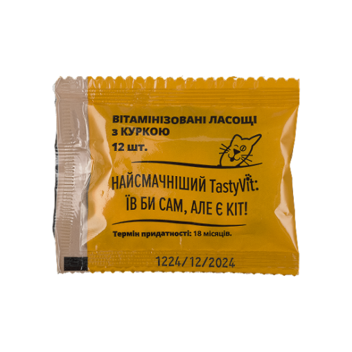 Вітамінізовані ласощі AnimAll TastyVit для котів, з куркою, 600 штук (50 пакетів по 12 штук)