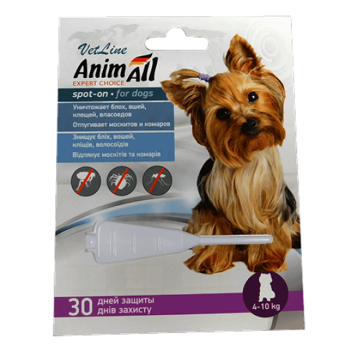 Краплі AnimAll VetLine Spot-On від бліх і кліщів для собак вагою 4-10 кг