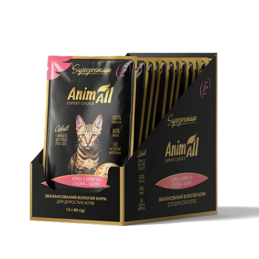 AnimAll вологий корм Пауч для котів Курка з Креветками, 80г