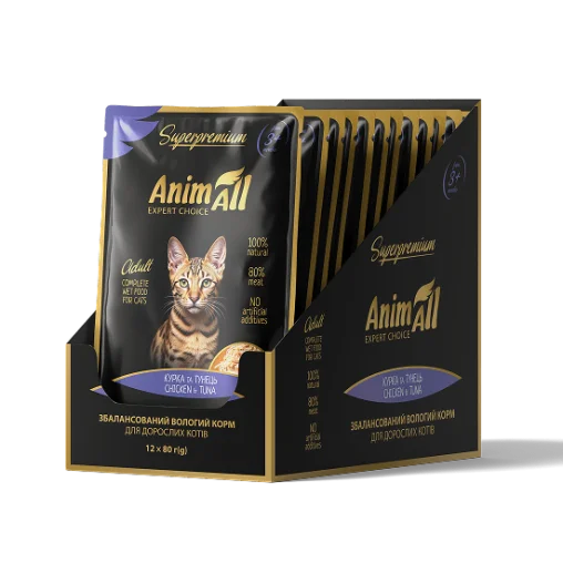 AnimAll вологий корм Пауч для котів Тунець з куркою, 80г