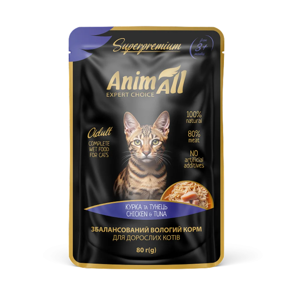 AnimAll вологий корм Пауч для котів Тунець з куркою, 80г