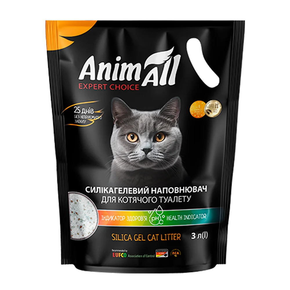 Силікагелевий наповнювач AnimAll з pH-індикатором здоров`я, для котячих туалетів, 3 л (1,2 кг)