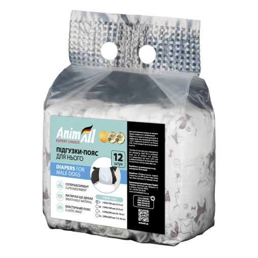 Підгузки-пояси AnimAll з малюнком, для собак (хлопчиків), вага 2-5 кг, S 42-18 см, 12 шт