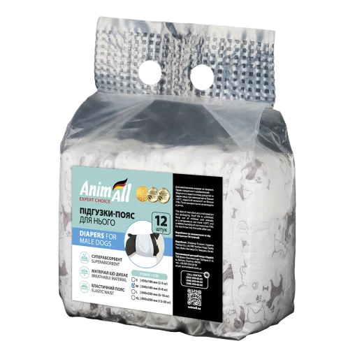 Підгузки-пояси AnimAll з малюнком, для собак (хлопчиків), вага 5-8 кг, M 54-18 см, 12 шт