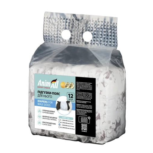 Підгузки-пояси AnimAll з малюнком, для собак (хлопчиків), вага 6–18 кг, L 64-20 см, 12 шт