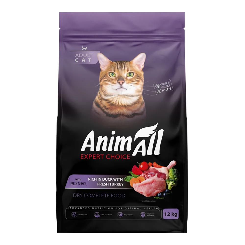 Повнораціонний сухий корм AnimAll для дорослих котів, зі свіжою індичкою та качкою, 12 кг