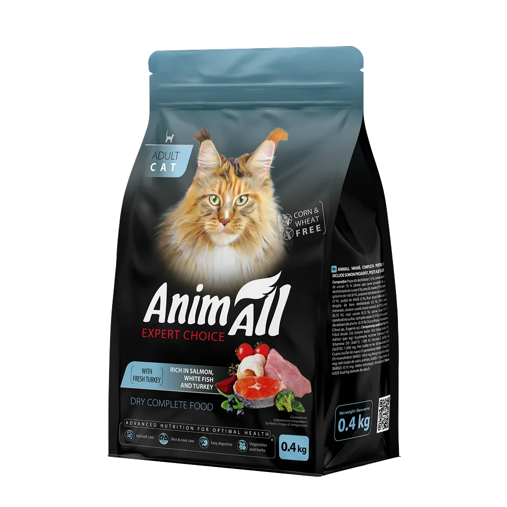Повнораціонний сухий корм AnimAll для дорослих котів, з лососем, білою рибою та свіжою індичкою, 0.4 кг