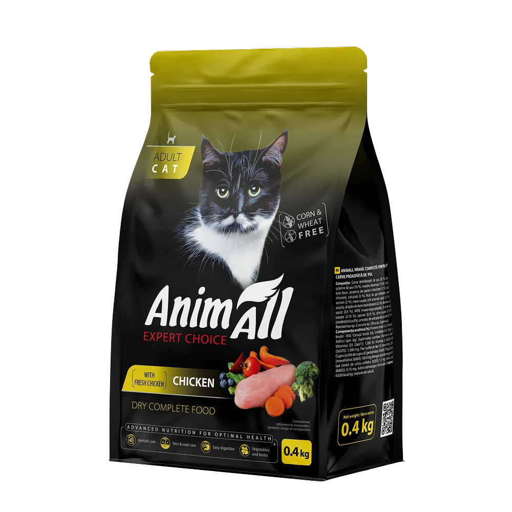 Повнораціонний сухий корм AnimAll для дорослих котів, зі свіжою куркою, 0.4 кг