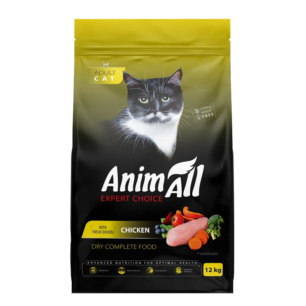 Повнораціонний сухий корм AnimAll для дорослих котів, зі свіжою куркою, 12 кг