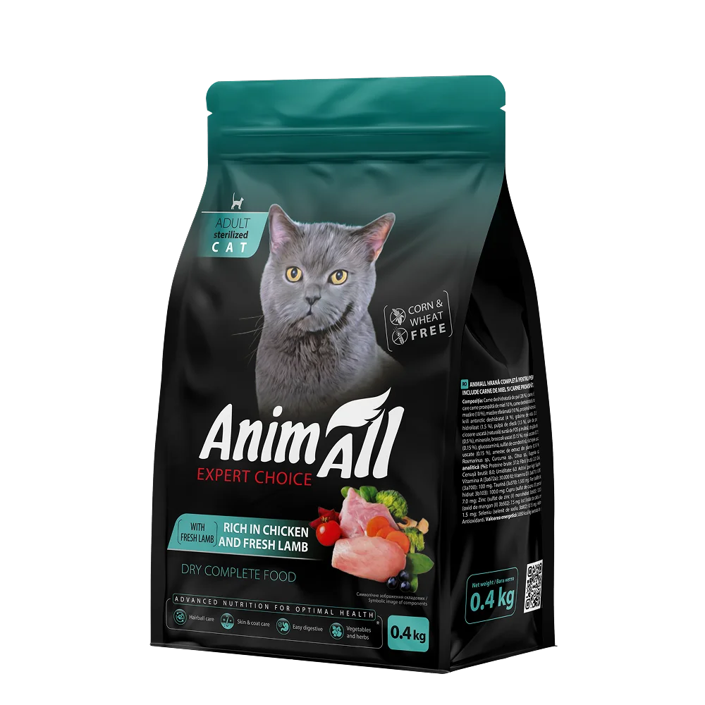 Повнораціонний сухий корм AnimAll для стерілізованих котів, з куркою та свіжою ягнятиною, 0.4 кг