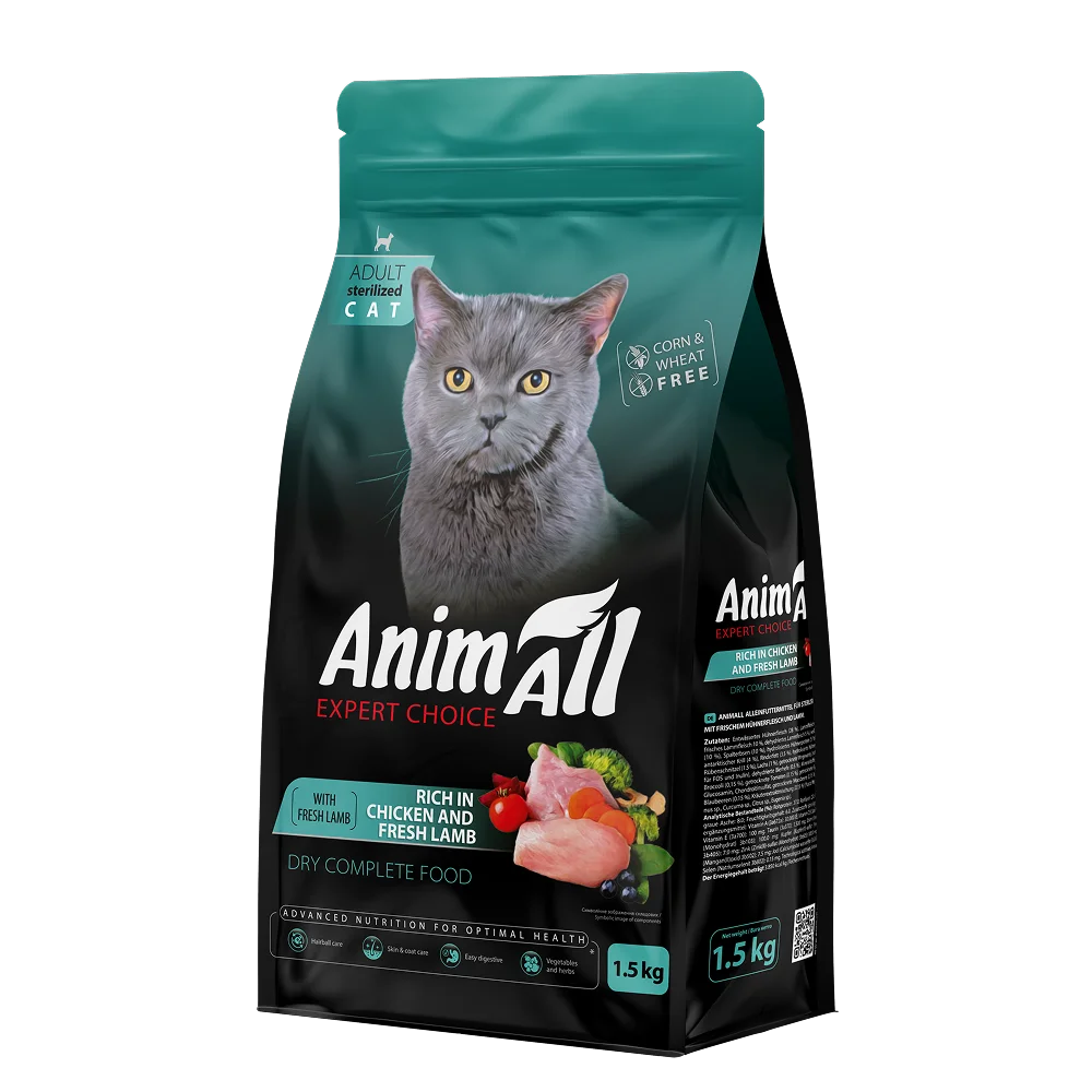 Повнораціонний сухий корм AnimAll для стерілізованих котів, з куркою та свіжою ягнятиною, 1.5 кг