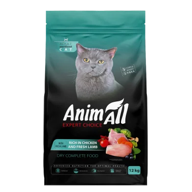 AnimAll complete dry food for sterilized cats, with chicken and fresh lamb, 12 kg