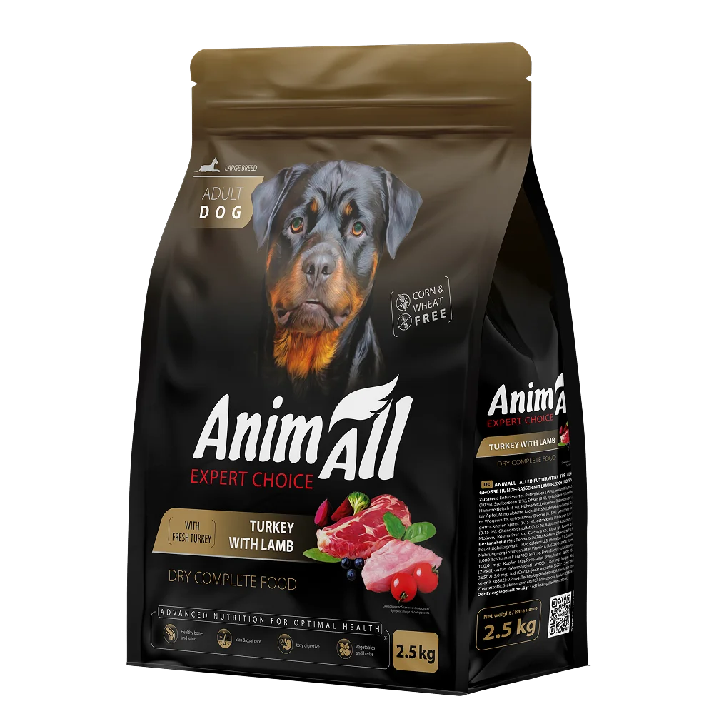 Повнораціонний сухий корм AnimAll для дорослих собак великих порід, зі свіжою індичкою та ягням, 2.5 кг