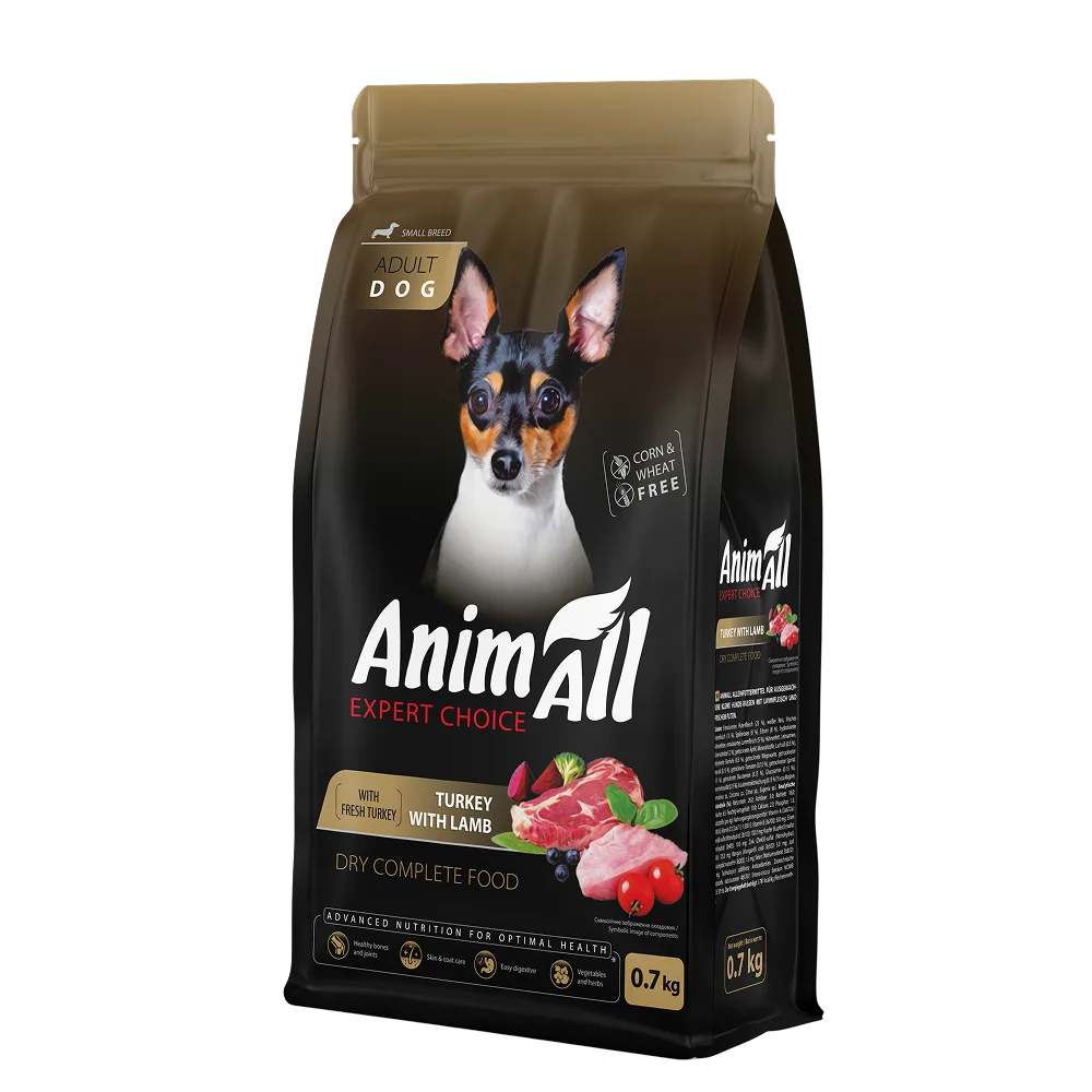 Повнораціонний сухий AnimAll для дорослих собак дрібних порід зі свіжою індичкою та ягням, 0.7 кг