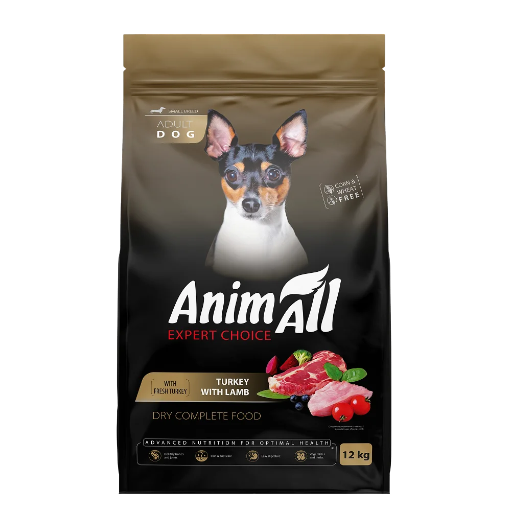 AnimAll complete dry food for adult dogs of small breeds, with fresh turkey and lamb, 12 kg