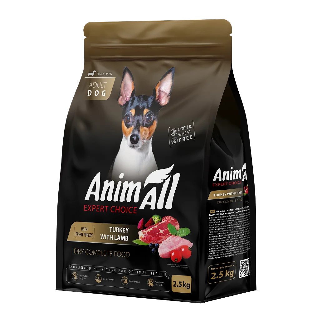 Повнораціонний сухий AnimAll для дорослих собак дрібних порід зі свіжою індичкою та ягням, 2.5 кг