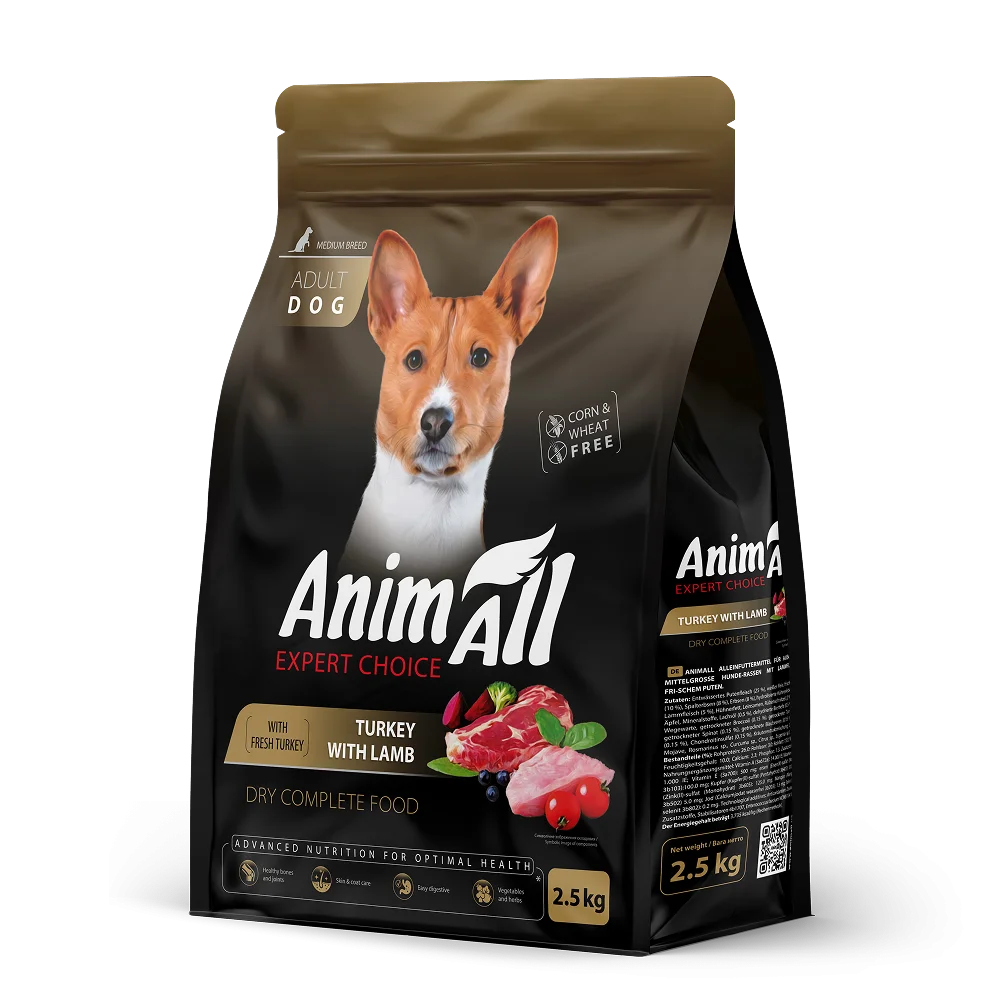 Повнораціонний сухий AnimAll для дорослих собак середніх порід, зі свіжою індичкою та ягням, 2.5 кг