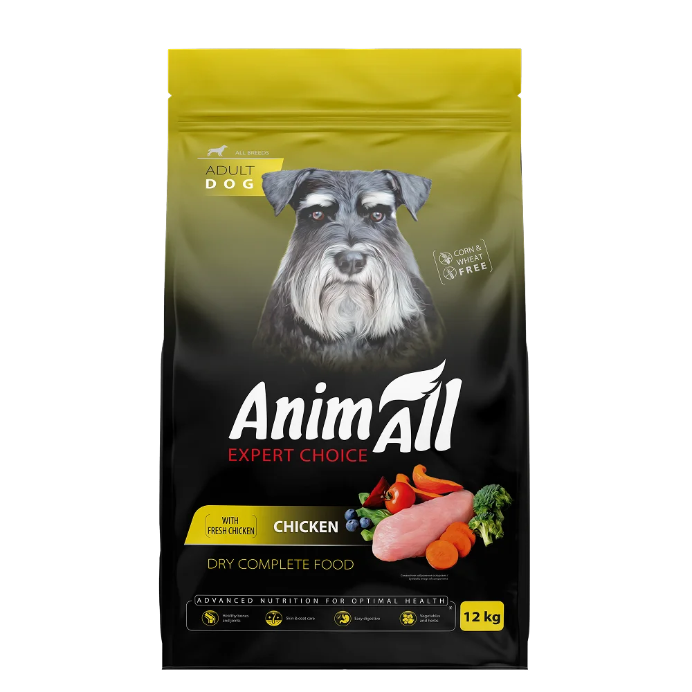 Повнораціонний сухий AnimAll для дорослих собак всіх порід, зі свіжою куркою, 12 кг