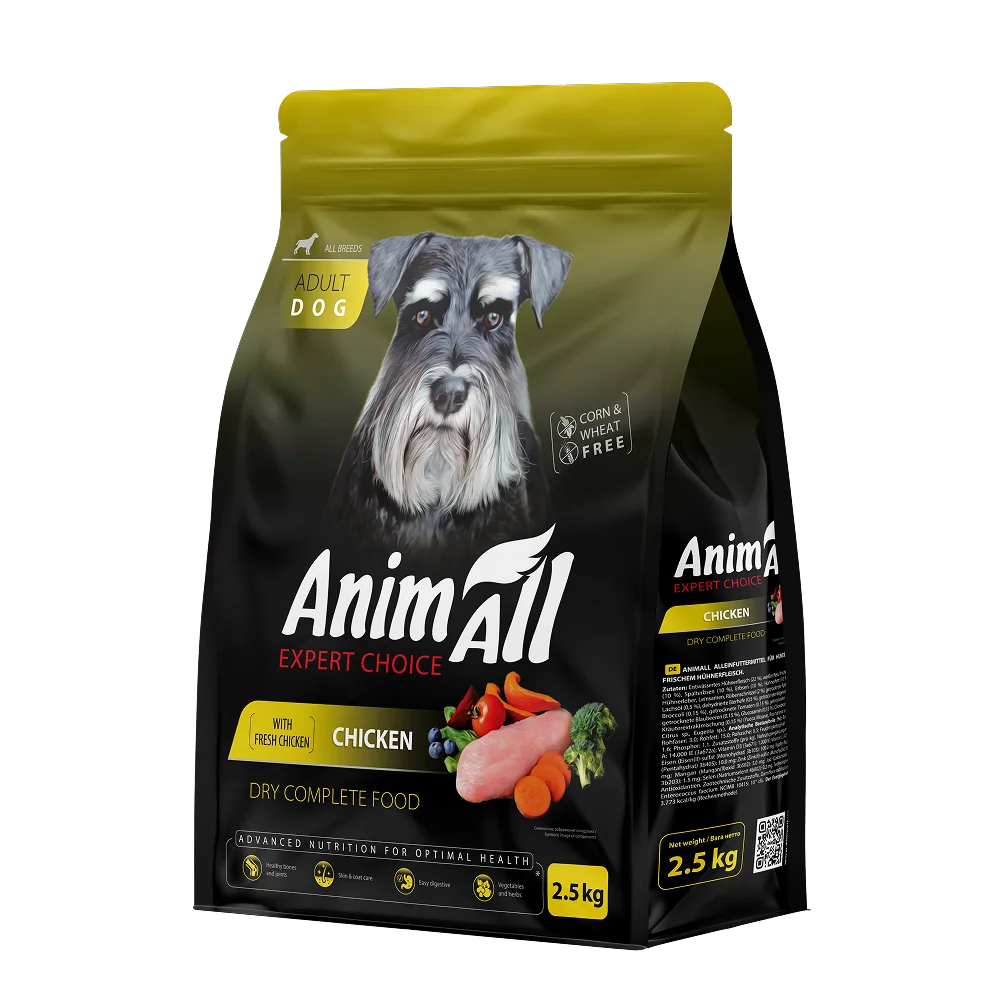 Повнораціонний сухий AnimAll для дорослих собак всіх порід, зі свіжою куркою, 2.5 кг