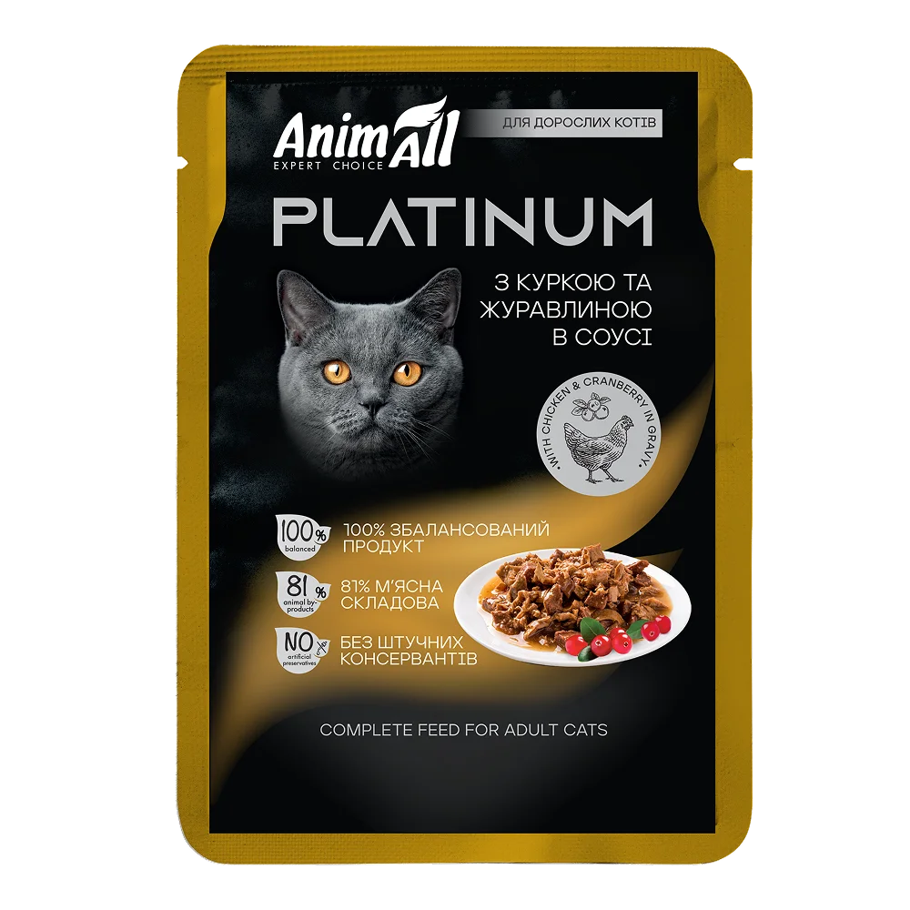 Корм вологий AnimAll Platinum для дорослих котів, з куркою та журавлиною в соусі, форма пауча, 85 г
