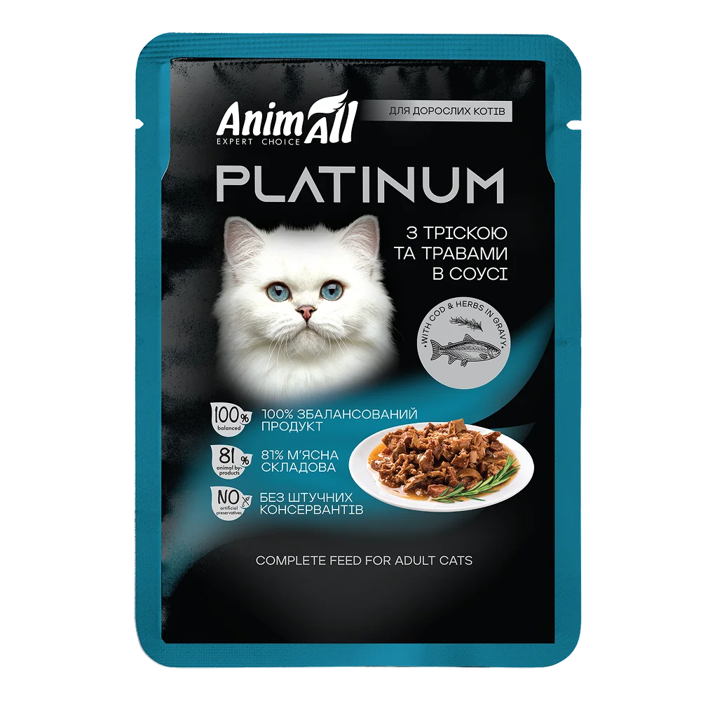 Корм вологий AnimAll Platinum для дорослих котів, з тріскою та травами в соусі, форма пауча, 85 г