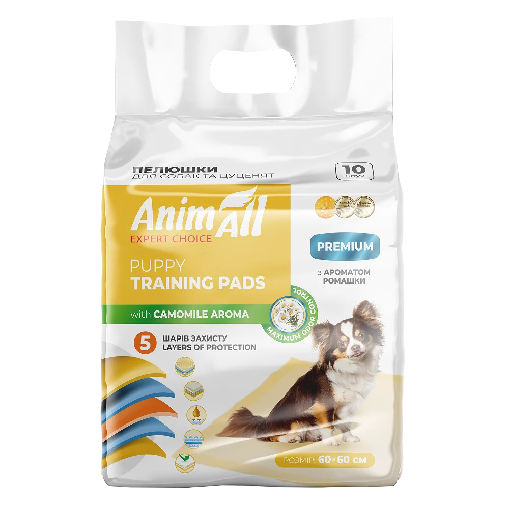 Пелюшки AnimAll Puppy Training Pads для собак та цуценят, з ароматом ромашки, 60х60 см, 10 шт