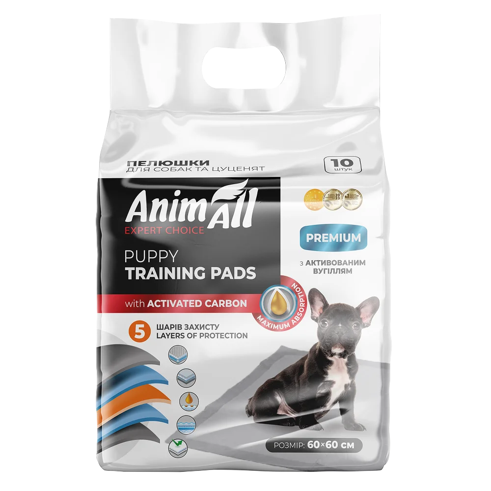 Пелюшки AnimAll Puppy Training Pads для собак та цуценят, з активованим вугіллям, 60х60 см, 10 шт