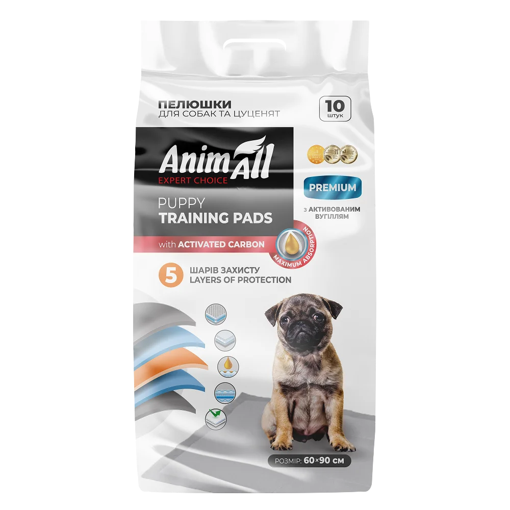 Пелюшки AnimAll Puppy Training Pads для собак та цуценят, з активованим вугіллям, 60х90 см, 10 шт