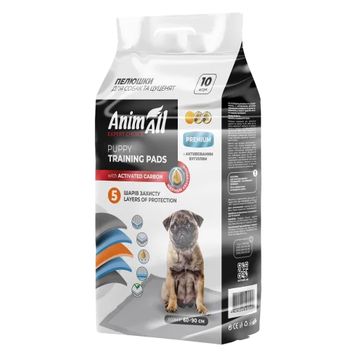 Пелюшки AnimAll Puppy Training Pads для собак та цуценят, з активованим вугіллям, 60х90 см, 10 шт
