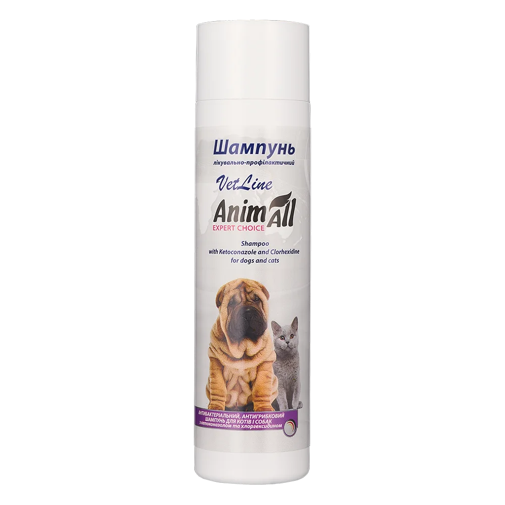 AnimAll VetLine Therapeutic and Preventive Antibacterial and Antifungal Shampoo with Chlorhexidine and Ketoconazole for Cats and Dogs, 250 ml