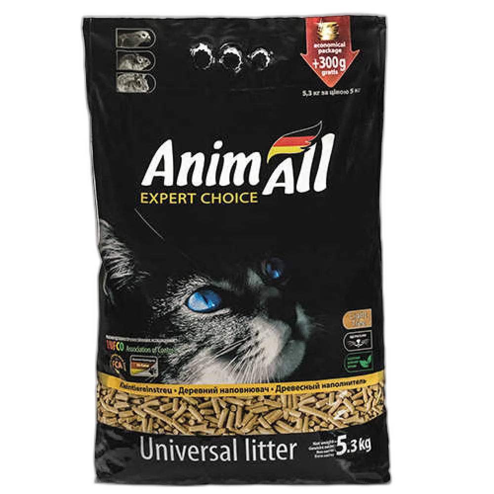 Деревний наповнювач AnimAll без аромату, для котів, 5 кг + 300 г у подарунок