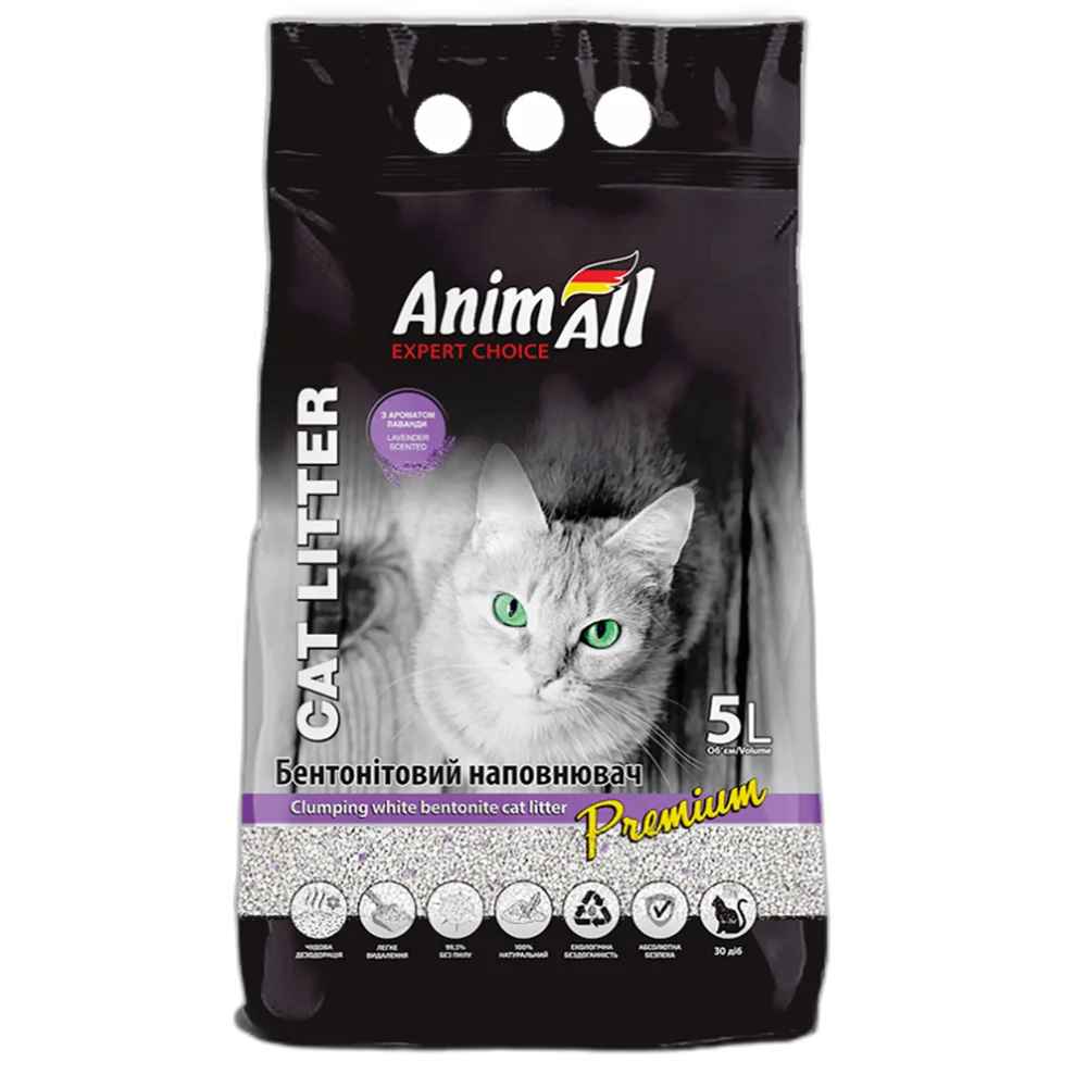 Бентонітовий наповнювач AnimAll Premium Lavender з ароматом лаванди, для котів, 5 л