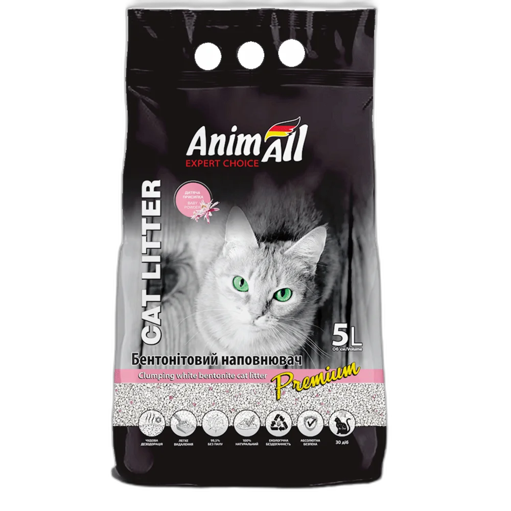 Бентонітовий наповнювач AnimAll Premium Baby Powder з ароматом дитячої пудри, для котів, 5 л