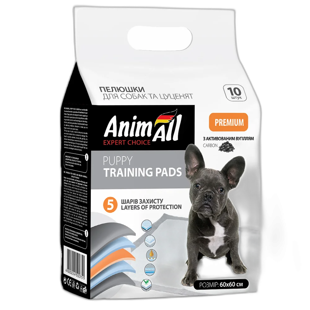 Пелюшки AnimAll Puppy Training Pads для собак і цуценят, з активованим вугіллям, 60×60 см, 10 шт