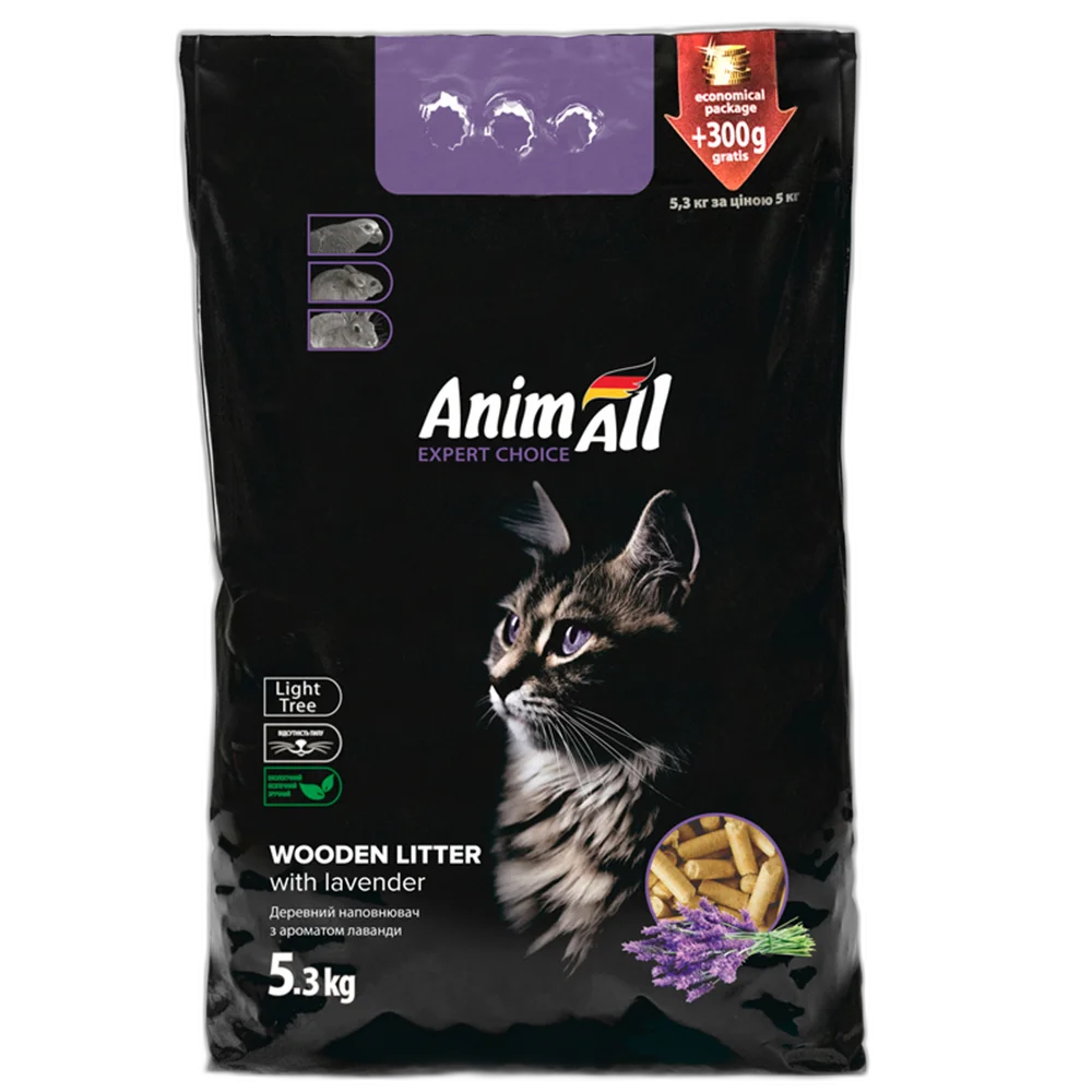 Деревний наповнювач AnimAll з ароматом лаванди для котів, 5 кг + 300 г у подарунок