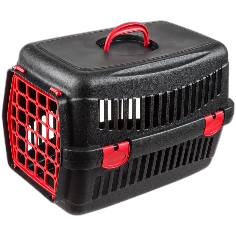 AnimAll carrier for cats and dogs, black with red door, 48.5×32.5×32.5 cm