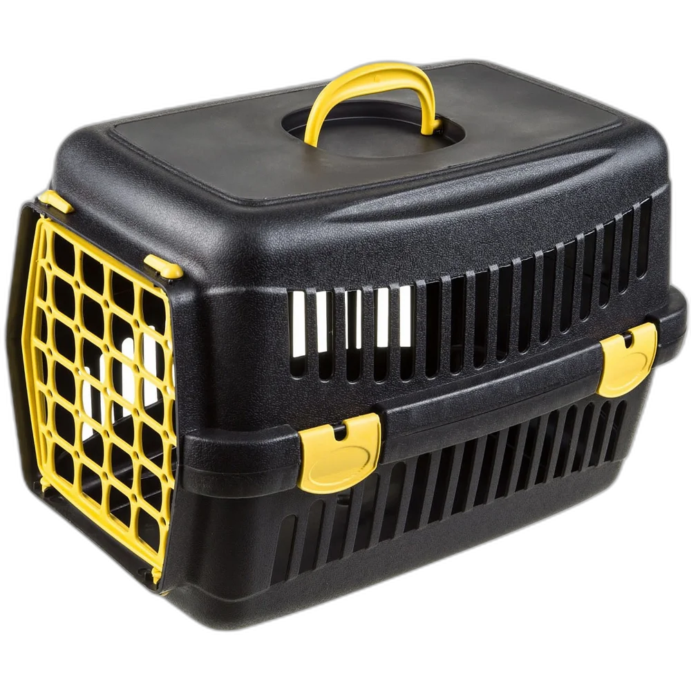 Переноска AnimAll для котів і собак, чорна з жовтими дверима, 48.5×32.5×32.5 см