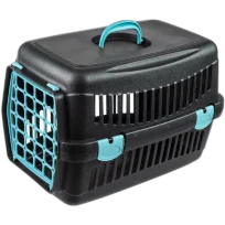 Переноска AnimAll для котів і собак, чорна з блакитними дверима, 48.5×32.5×32.5 см