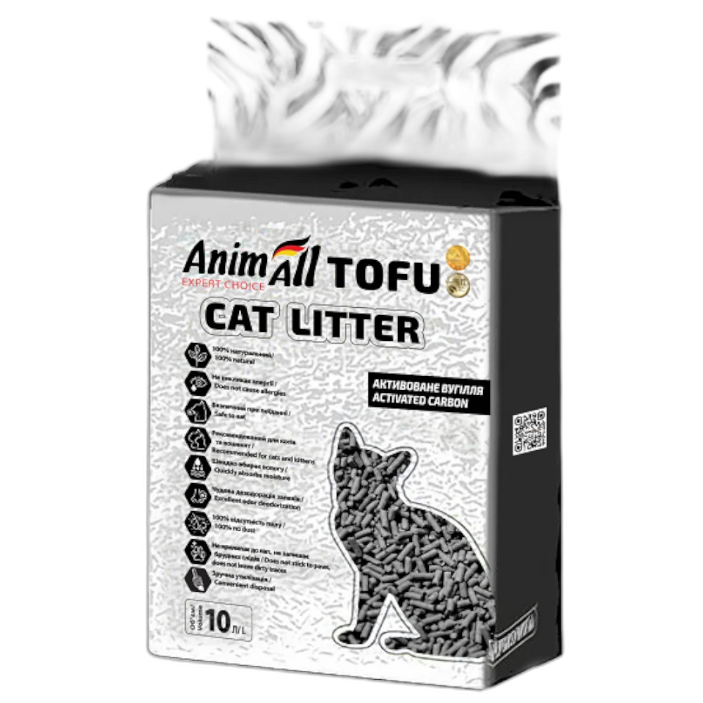 Соєвий наповнювач AnimAll Tofu Carbon для котів, з активованим вугіллям, 10 літрів (4.66 кг)