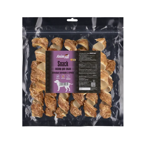 AnimAll Snack Chewable Spirals for Dogs, with Chicken on Pressed Hide, 500 g