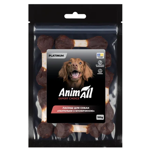 Ласощі AnimAll Platinum Snack Dog Мʼясні гантельки на кальцієвій кістці для собак, з яловичиною, 100 г