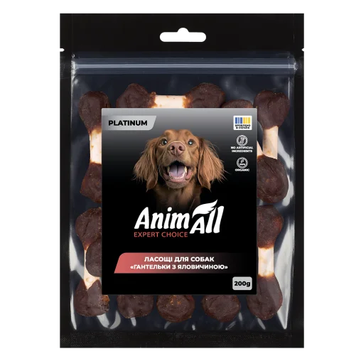 Ласощі AnimAll Platinum Snack Dog Мʼясні гантельки на кальцієвій кістці для собак, з яловичиною, 200 г