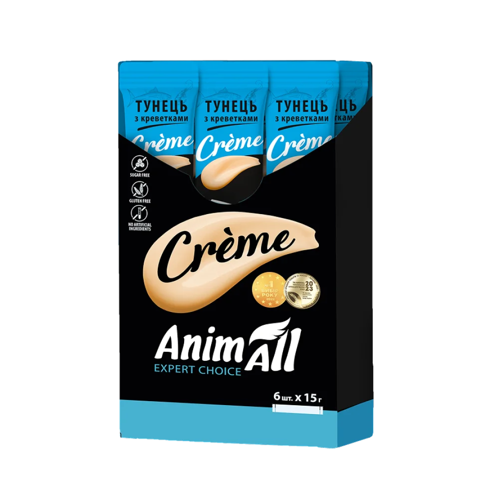 Ласощі AnimAll Сrème для котів, зі смаком тунець з креветками, 6×15 г