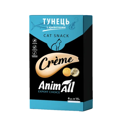 Ласощі AnimAll Сrème для котів, зі смаком тунець з креветками, 6×15 г