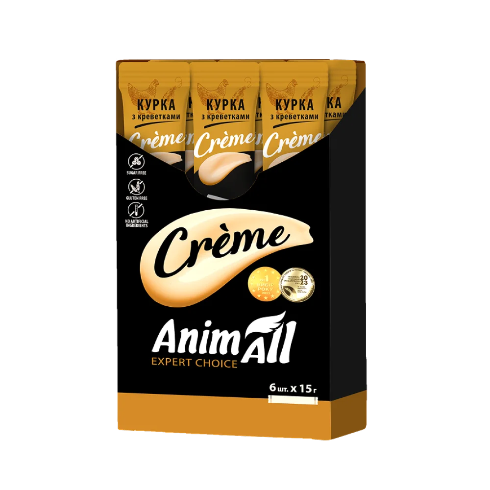 Ласощі AnimAll Сrème для котів, зі смаком курки з креветками, 6×15 г