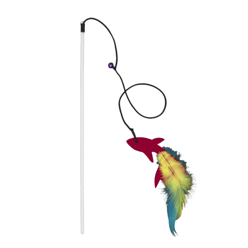 Набір іграшок-вудочок AnimAll з пірʼям та дзвіночками для котів, різнокольорові, матеріал поліестр, 5 шт | 34 см