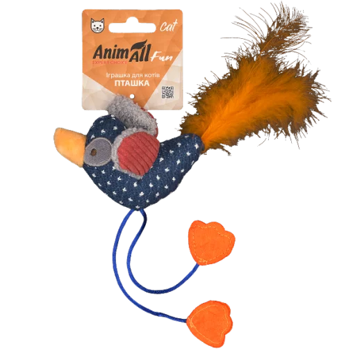 AnimAll Fun Soft Toy Bird with Feathers for Cats, polyester material, 16 cm